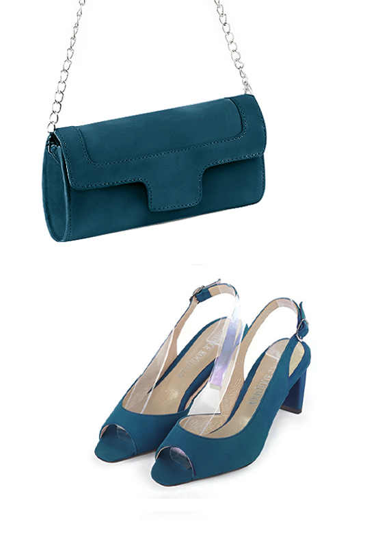 Dress clutch for wedding and parties in peacock blue leather - Worn view